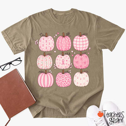 Pink Ribbon Breast Cancer Awareness Grid Pumpkin Teacher T-Shirt