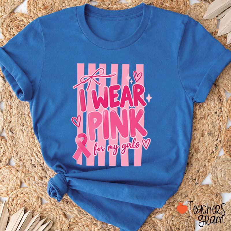 Personalized I Wear Pink For My People Striped Pink Ribbon Teacher T-Shirt