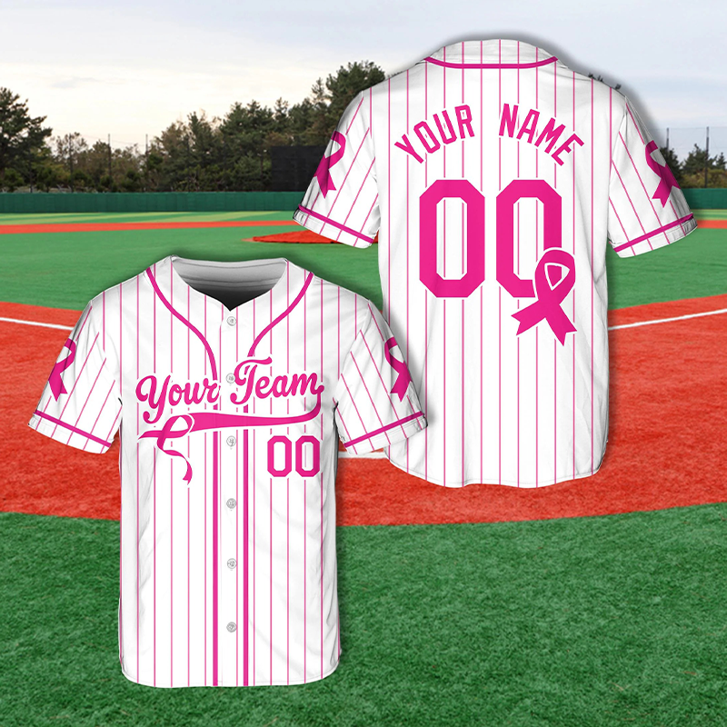 Personalized Name Number Breast Cancer Awareness Ribbon Sport Teacher Baseball Jersey