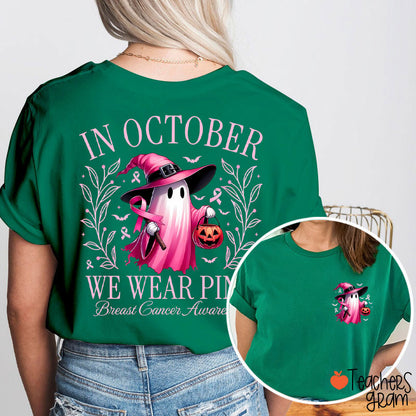 Halloween Beautifully Ghost Picture Breast Cancer Awareness Teacher Two Sided T-Shirt