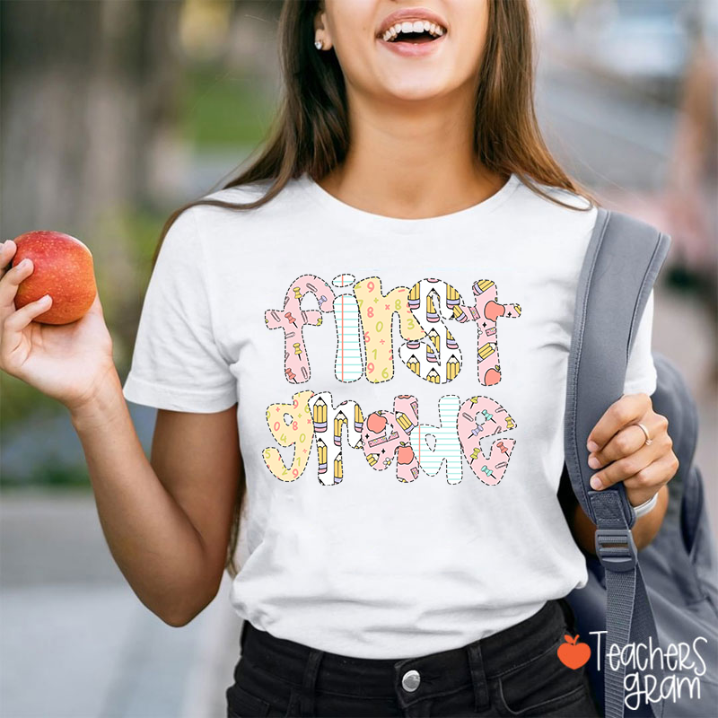Personalized Grade Floral Pencil Notebook Teacher T-Shirt