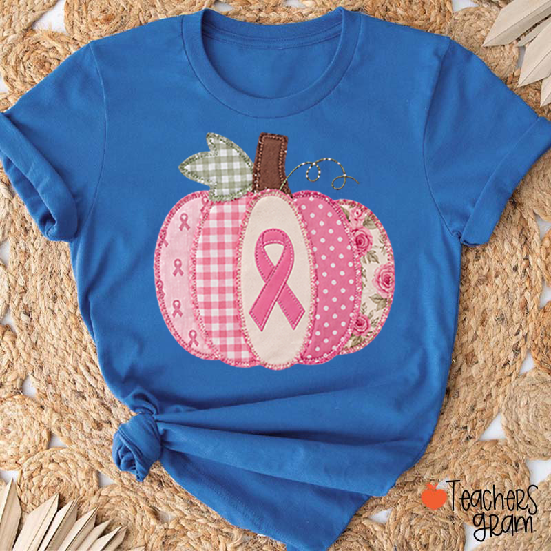 Pink Faux Patchwork Pumpkin Ribbon Teacher T-Shirt