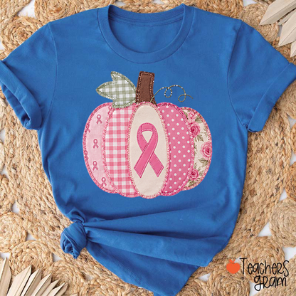Pink Faux Patchwork Pumpkin Ribbon Teacher T-Shirt
