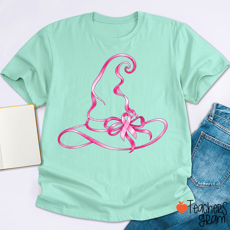 Halloween Witch Hat Pink Ribbon Breast Cancer Support Teacher T-Shirt