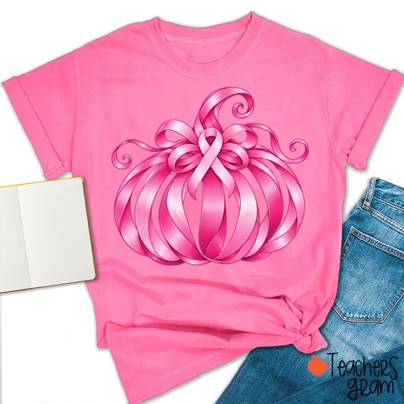 Pink Ribbon Bow Pumpkin Fall Teacher T-Shirt