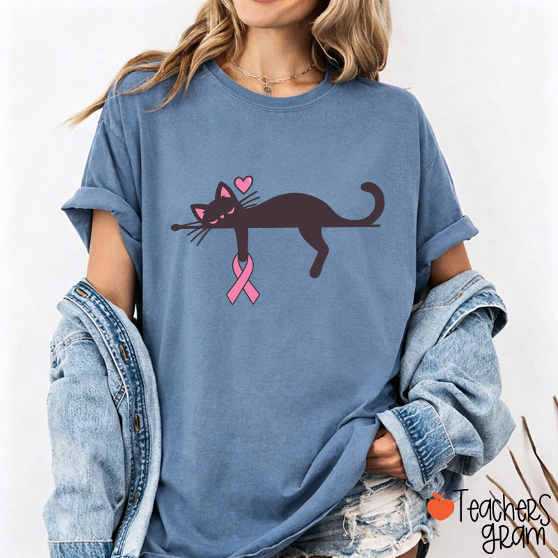Black Cat With Pink Ribbon Awareness Teacher T-Shirt
