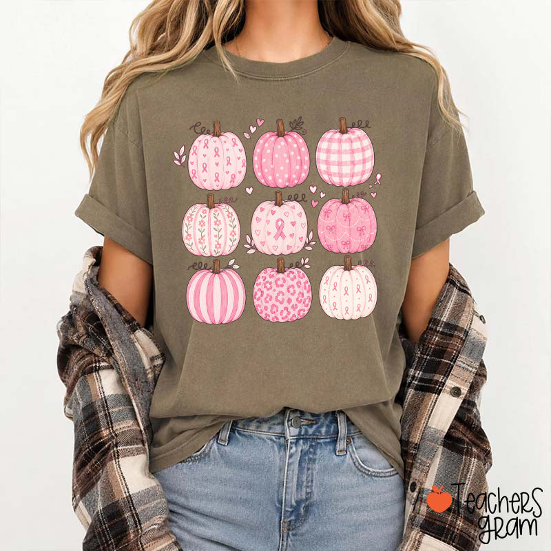 Pink Ribbon Breast Cancer Awareness Grid Pumpkin Teacher T-Shirt