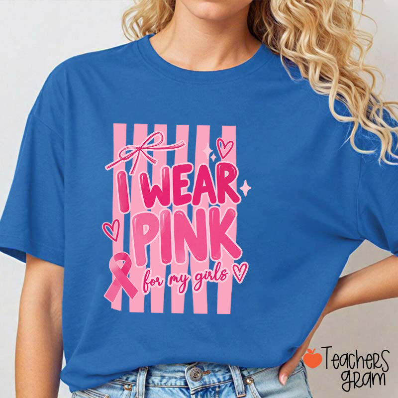 Personalized I Wear Pink For My People Striped Pink Ribbon Teacher T-Shirt