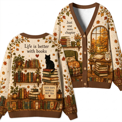 Just One More Chapter Vintage Book Lover Fall Foliage Plant Teacher Cardigan Sweater