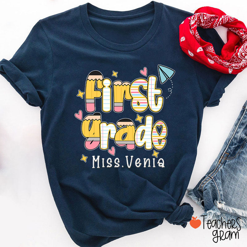 Personalized Name Grade Pencil Notebook Heart Star Paper Plane Teacher T-Shirt