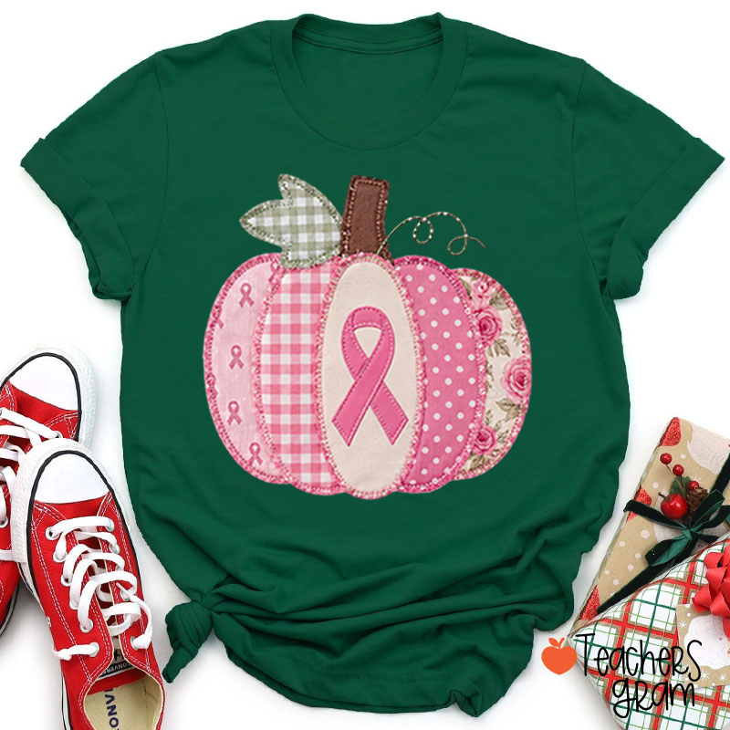Pink Faux Patchwork Pumpkin Ribbon Teacher T-Shirt