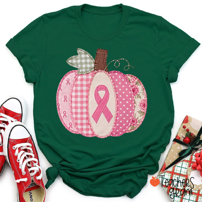 Pink Faux Patchwork Pumpkin Ribbon Teacher T-Shirt