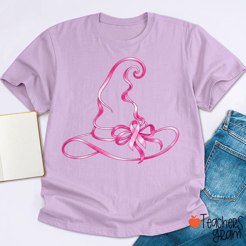 Halloween Witch Hat Pink Ribbon Breast Cancer Support Teacher T-Shirt