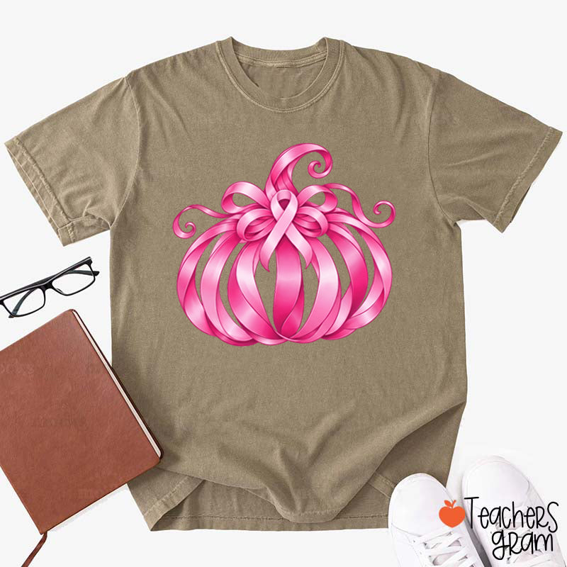 Pink Ribbon Bow Pumpkin Fall Teacher T-Shirt