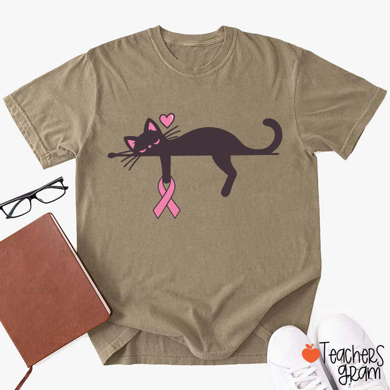Black Cat With Pink Ribbon Awareness Teacher T-Shirt