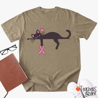 Black Cat With Pink Ribbon Awareness Teacher T-Shirt