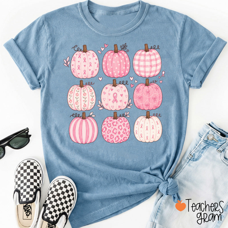 Pink Ribbon Breast Cancer Awareness Grid Pumpkin Teacher T-Shirt