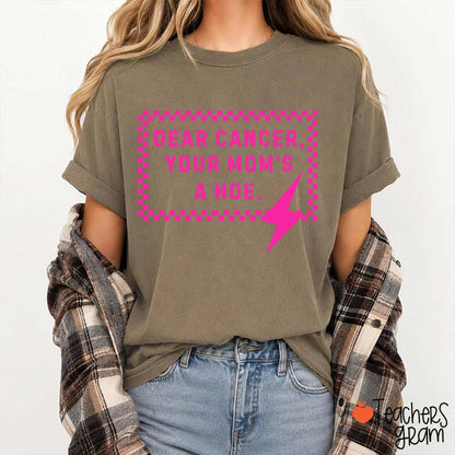Funny Anti‑Cancer Quote Pink Checker Lightning Bolt Teacher T-Shirt