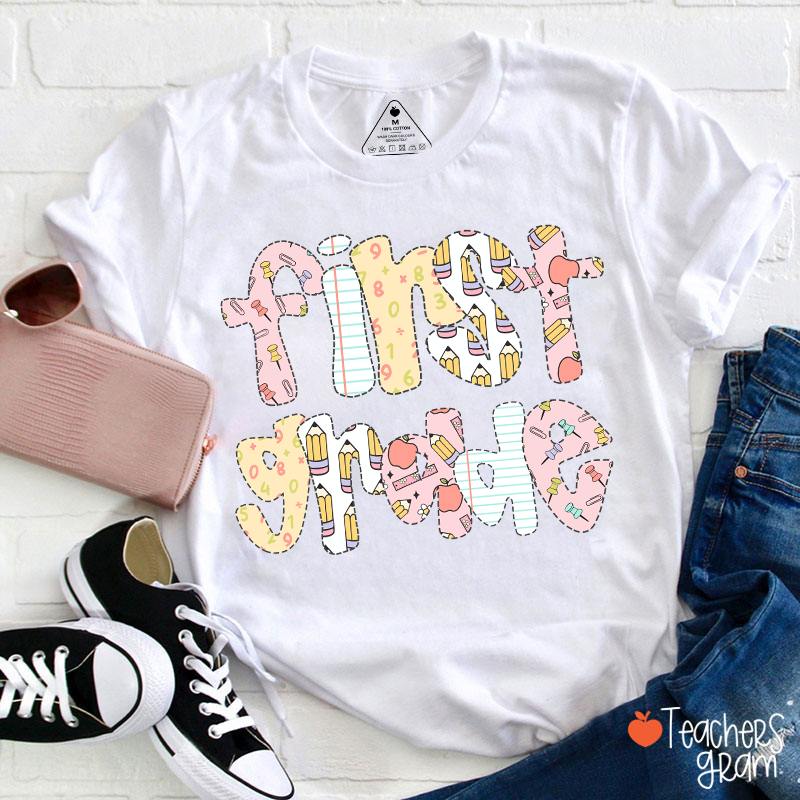 Personalized Grade Floral Pencil Notebook Teacher T-Shirt