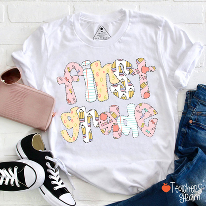 Personalized Grade Floral Pencil Notebook Teacher T-Shirt