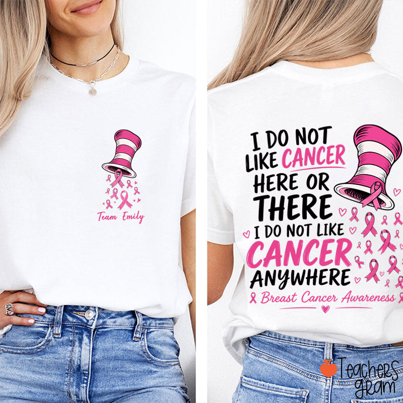 Personalized Team Name Pink Ribbon Striped Hat Teacher Two Sided T-Shirt