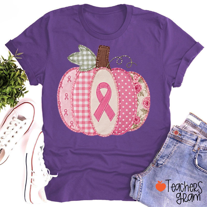 Pink Faux Patchwork Pumpkin Ribbon Teacher T-Shirt