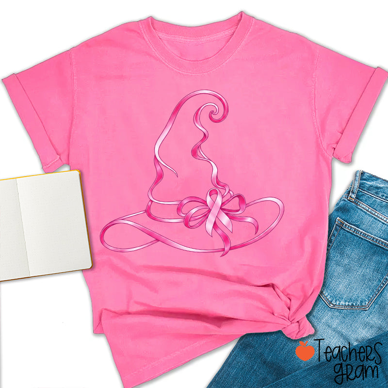 Halloween Witch Hat Pink Ribbon Breast Cancer Support Teacher T-Shirt