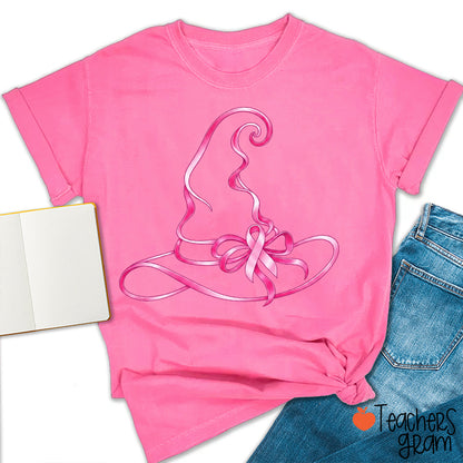Halloween Witch Hat Pink Ribbon Breast Cancer Support Teacher T-Shirt