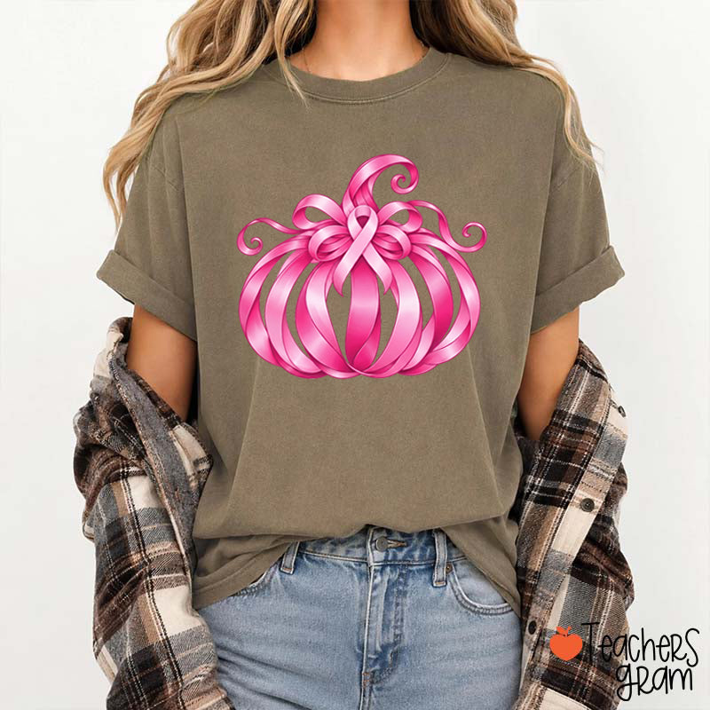 Pink Ribbon Bow Pumpkin Fall Teacher T-Shirt