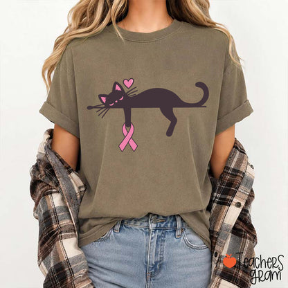 Black Cat With Pink Ribbon Awareness Teacher T-Shirt