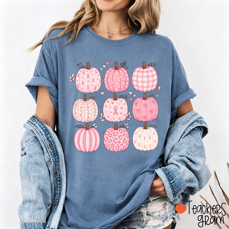 Pink Ribbon Breast Cancer Awareness Grid Pumpkin Teacher T-Shirt