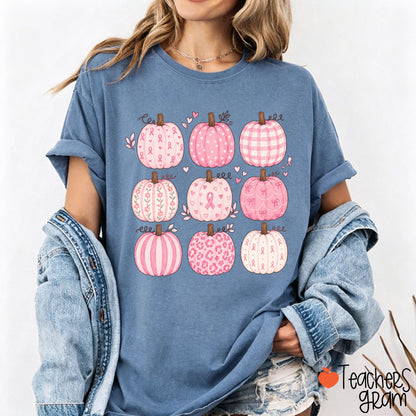 Pink Ribbon Breast Cancer Awareness Grid Pumpkin Teacher T-Shirt