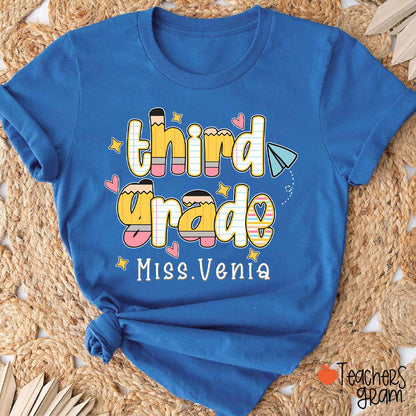 Personalized Name Grade Pencil Notebook Heart Star Paper Plane Teacher T-Shirt