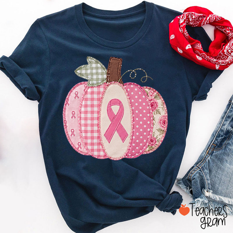 Pink Faux Patchwork Pumpkin Ribbon Teacher T-Shirt