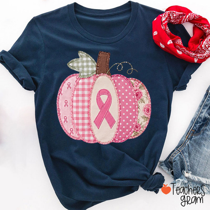 Pink Faux Patchwork Pumpkin Ribbon Teacher T-Shirt