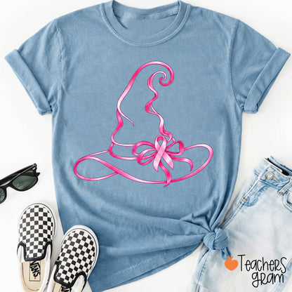 Halloween Witch Hat Pink Ribbon Breast Cancer Support Teacher T-Shirt