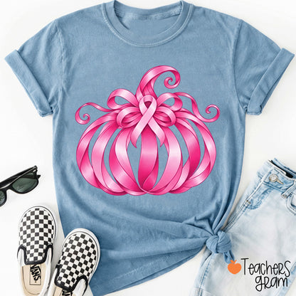 Pink Ribbon Bow Pumpkin Fall Teacher T-Shirt