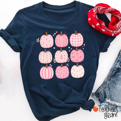 Pink Ribbon Breast Cancer Awareness Grid Pumpkin Teacher T-Shirt