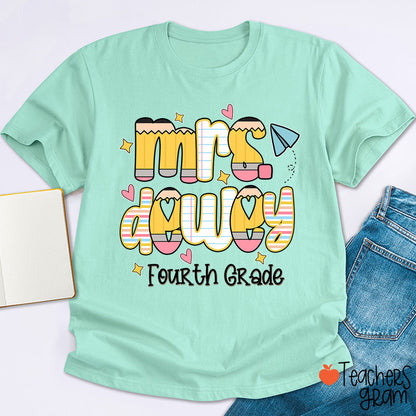 Personalized Name Grade Pencil Notebook Heart Star Paper Plane Teacher T-Shirt