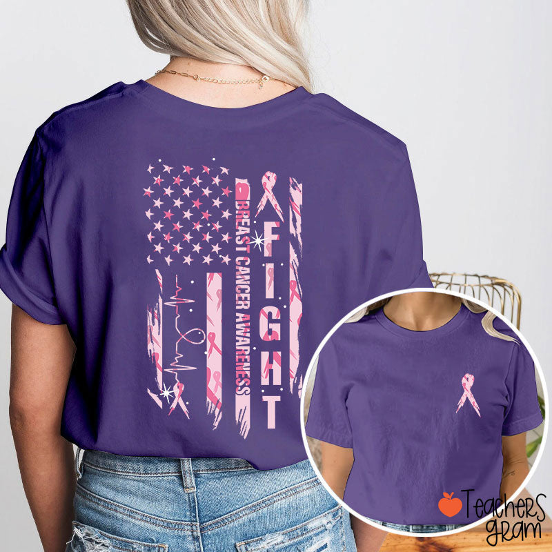Pink Ribbon Fight Breast Cancer Awareness Teacher Two Sided T-Shirt