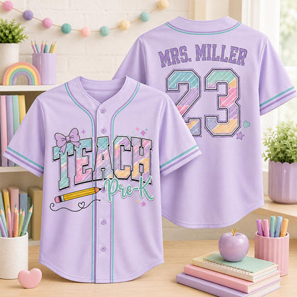 Personalized Grade And Name Rainbow Printing Letter Teacher Baseball Jersey