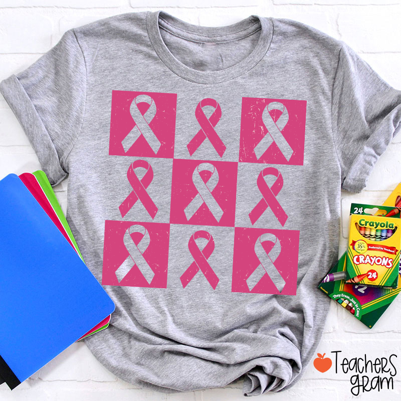 Pink Ribbon Breast Cancer Awareness Teacher T-Shirt