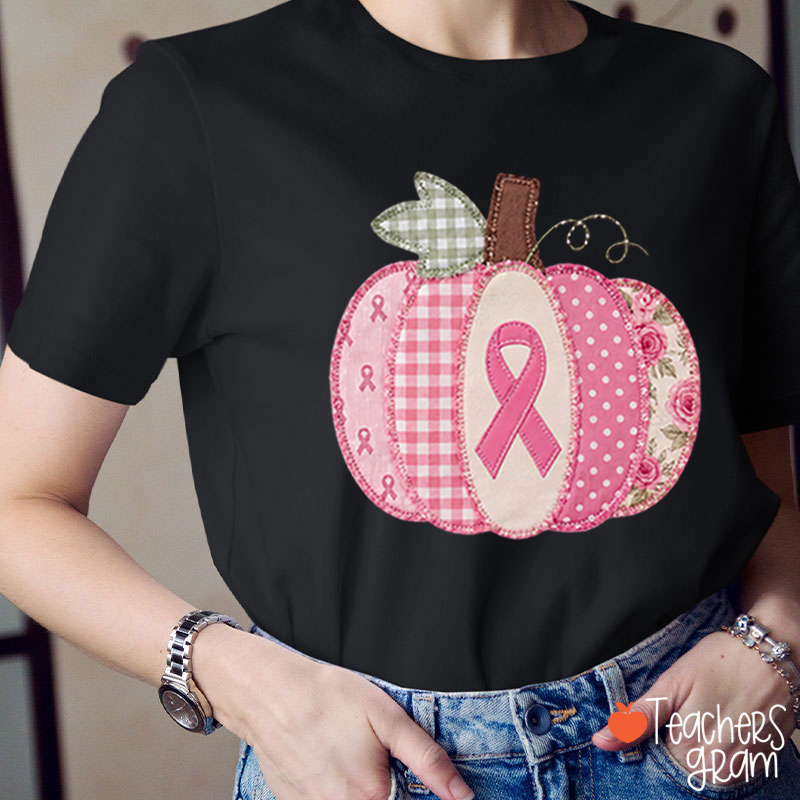Pink Faux Patchwork Pumpkin Ribbon Teacher T-Shirt