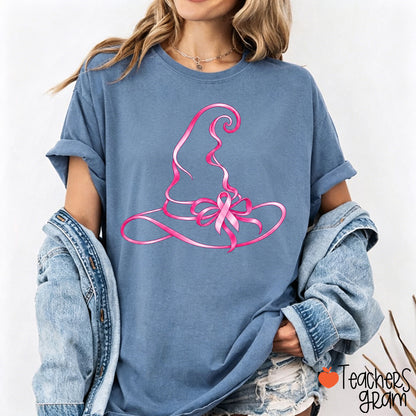 Halloween Witch Hat Pink Ribbon Breast Cancer Support Teacher T-Shirt
