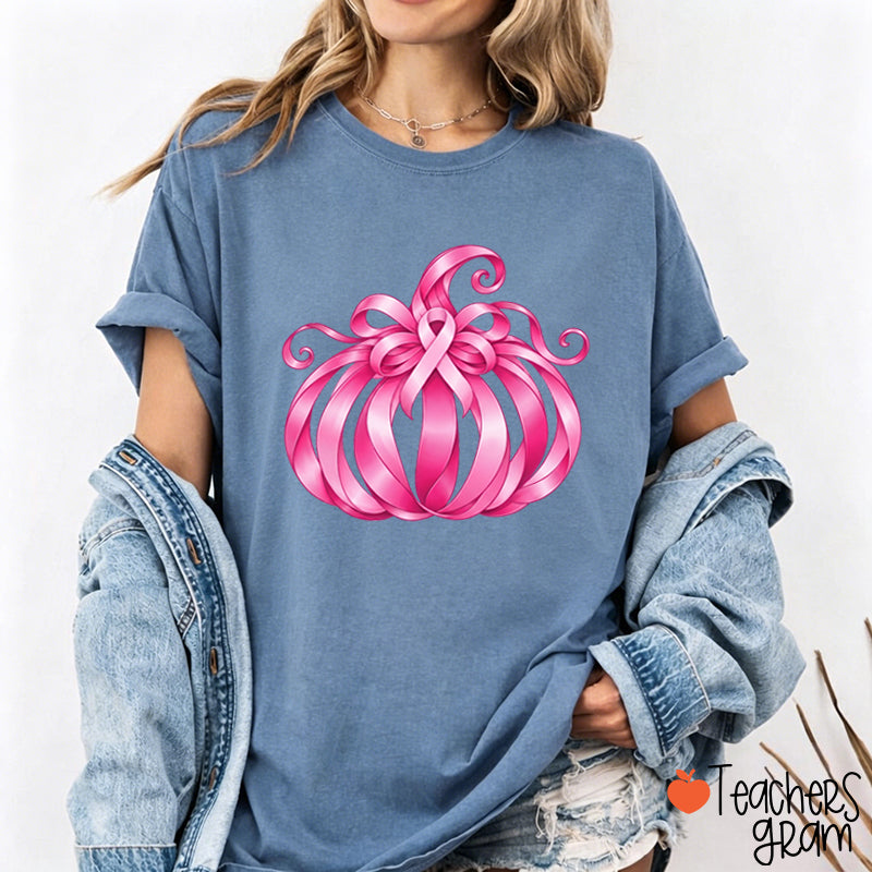 Pink Ribbon Bow Pumpkin Fall Teacher T-Shirt