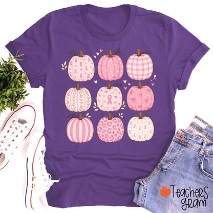Pink Ribbon Breast Cancer Awareness Grid Pumpkin Teacher T-Shirt