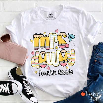 Personalized Name Grade Pencil Notebook Heart Star Paper Plane Teacher T-Shirt