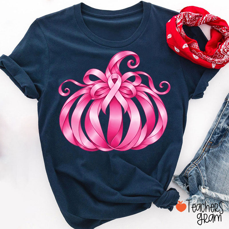 Pink Ribbon Bow Pumpkin Fall Teacher T-Shirt