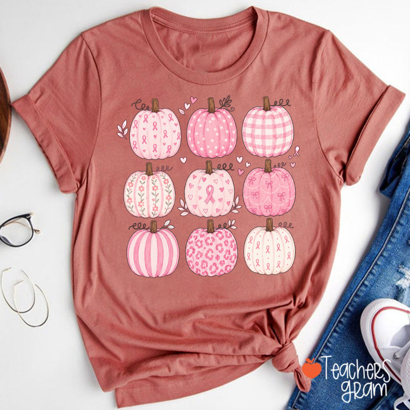 Pink Ribbon Breast Cancer Awareness Grid Pumpkin Teacher T-Shirt