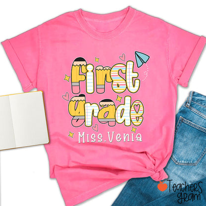 Personalized Name Grade Pencil Notebook Heart Star Paper Plane Teacher T-Shirt